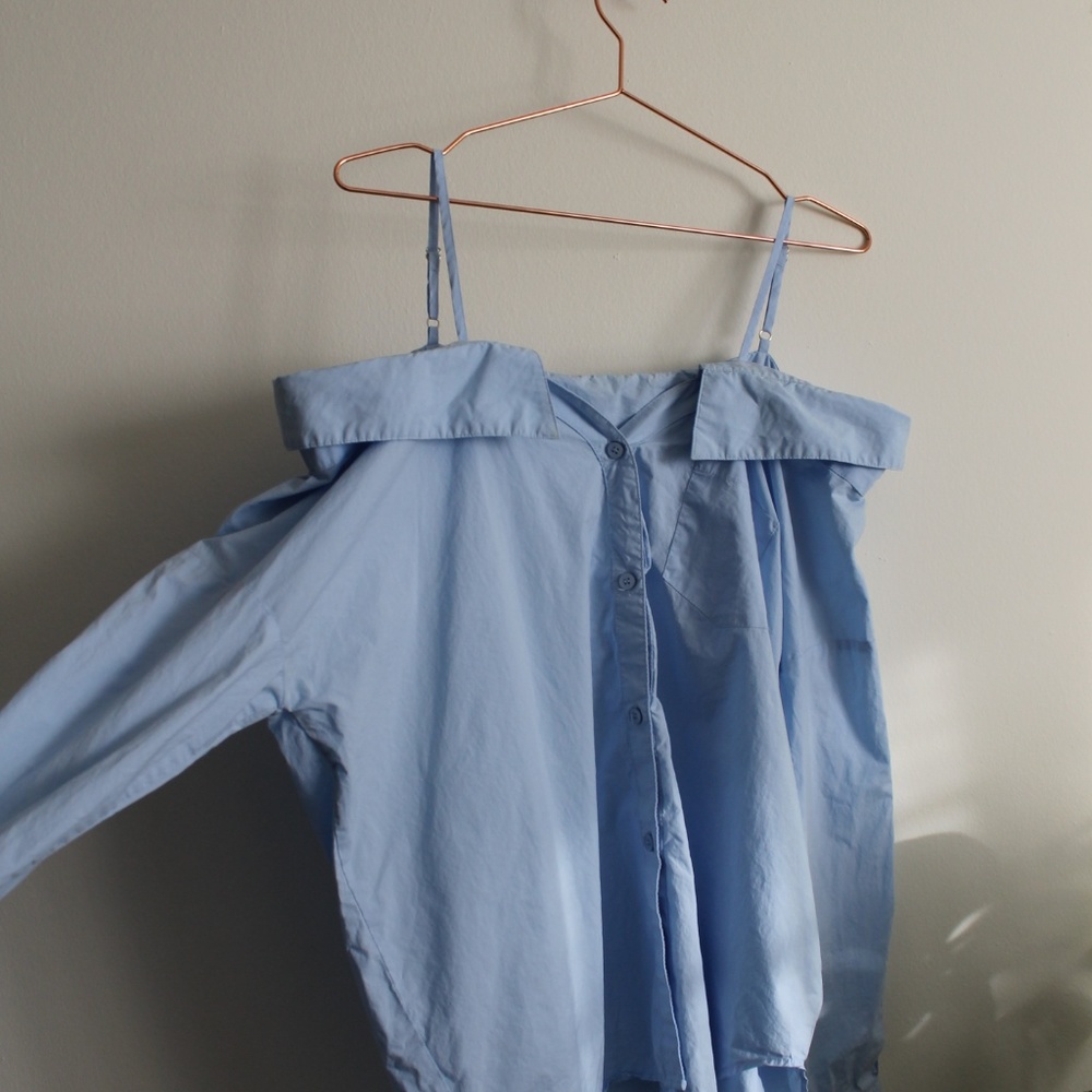 Light Blue, Off-The-Shoulder Button-Down - Picture 3 of 5
